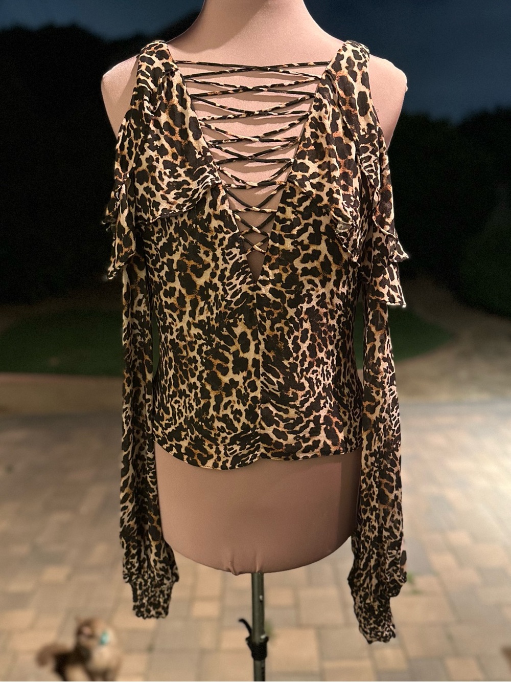 AFRM Leopard Print Lace-Up Cold Shoulder Women’s Top - Brown